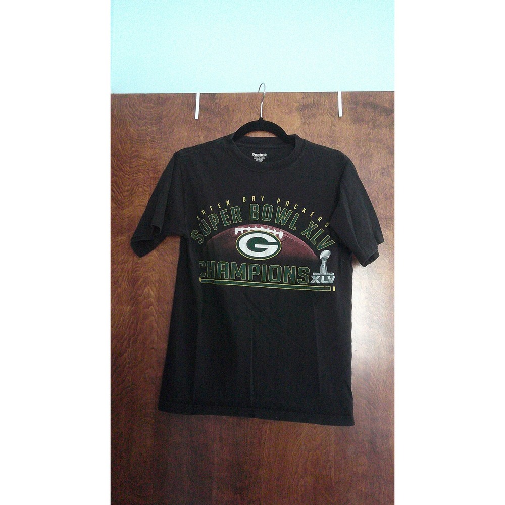 Reebok T-Shirt Mens Small Black Super Bowl XLV Green Bay Packers Champions